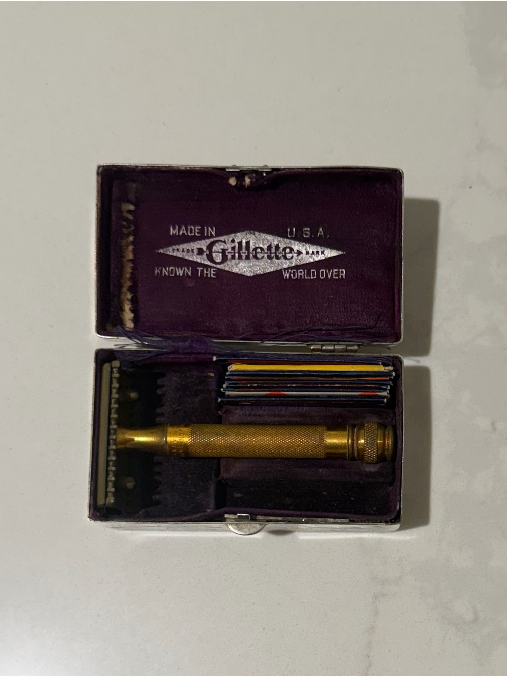 Vintage 1920s Gillette Old Type Gold Plated Open Comb Safety Razor Set with Case